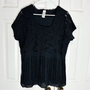 Crochet Baby Doll Short Sleeve Sweater Top Black Y2K Boho Minimalist Sz 2X